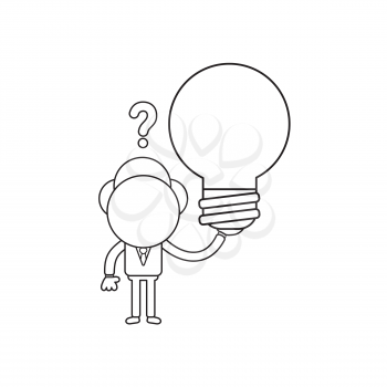 Vector illustration concept of businessman character confused and holding light bulb. Black outline.