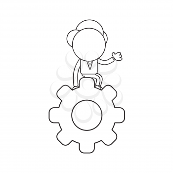Vector illustration concept of businessman character sitting on gear. Black outline.