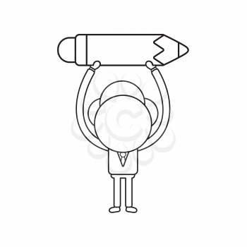 Vector illustration concept of businessman character holding up pencil. Black outline.