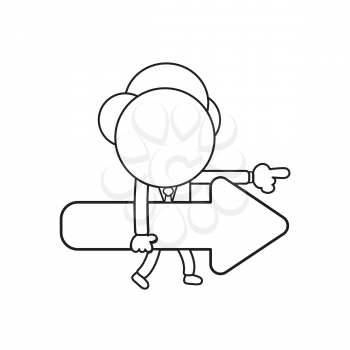 Vector illustration concept of businessman character walking and holding arrow and pointing right. Black outline.