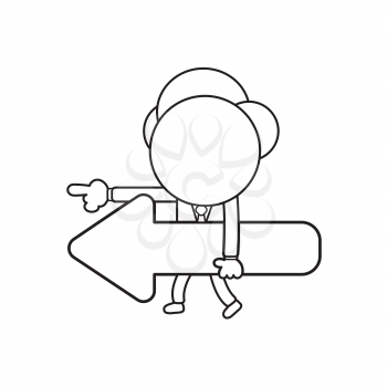 Vector illustration concept of businessman character walking and holding arrow and pointing left. Black outline.