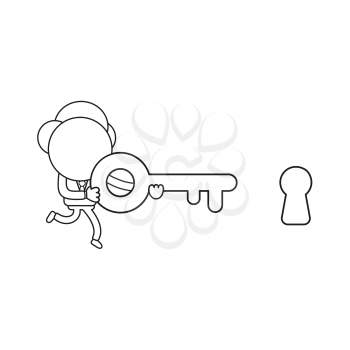 Vector illustration concept of businessman character running and carrying key to keyhole. Black outline.