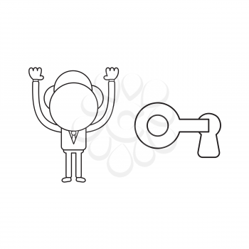 Vector illustration concept of businessman character lock or unlock keyhole with key. Black outline.