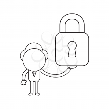 Vector illustration concept of businessman character holding closed padlock. Black outline.