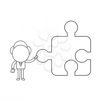 Vector illustration concept of businessman character holding missing jigsaw puzzle piece. Black outline.