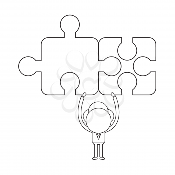Vector illustration concept of businessman character holding up two connected jigsaw puzzle pieces. Black outline.