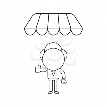 Vector illustration concept of businessman character giving thumbs-up under shop store awning. Black outline.