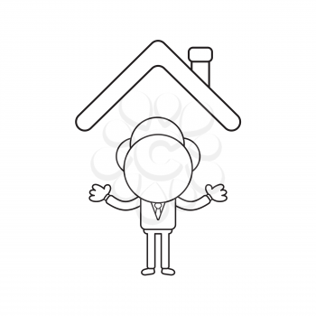 Vector illustration concept of businessman character under house roof. Black outline.