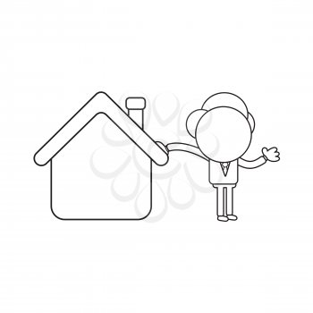 Vector illustration concept of businessman character leaning on house. Black outline.
