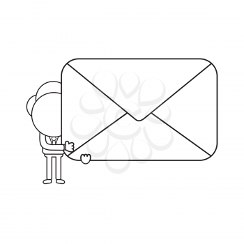 Vector illustration concept of businessman character holding closed mail envelope. Black outline.