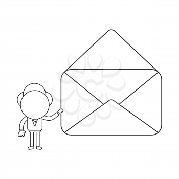Vector illustration concept of businessman character holding opened mail envelope. Black outline.