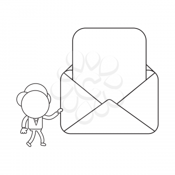 Vector illustration concept of businessman character walking and holding opened mail envelope with blank paper. Black outline.