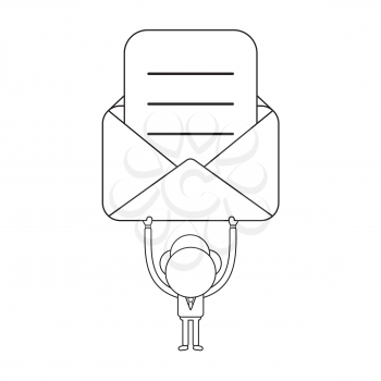 Vector illustration concept of businessman character holding up opened mail envelope with written paper. Black outline.