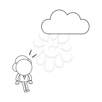 Vector illustration concept of businessman character surprised and looking cloud. Black outline.