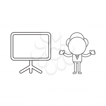 Vector illustration concept of businessman character with blank presentation chart. Black outline.