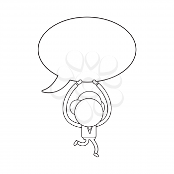 Vector illustration concept of businessman character running and holding up blank speech bubble. Black outline.
