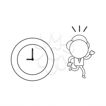 Vector illustration concept of businessman character with clock and running. Black outline.