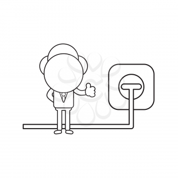 Vector illustration concept of businessman character giving thumbs-up with plug plugged into outlet. Black outline.