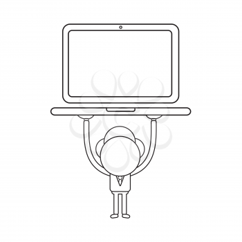 Vector illustration concept of businessman character holding up laptop computer. Black outline.