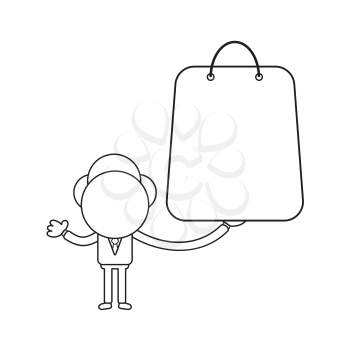 Vector illustration concept of businessman character holding shopping bag. Black outline.