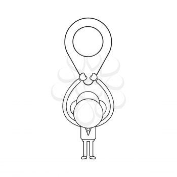 Vector illustration concept of businessman character holding up map pointer. Black outline.