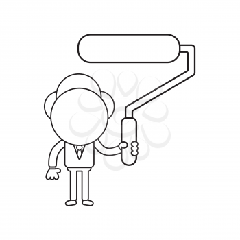 Vector illustration concept of businessman character holding paint brush roller. Black outline.