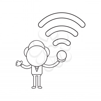 Vector illustration concept of businessman character holding wireless wifi symbol. Black outline.