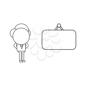Vector illustration concept of businessman character with blank hanging sign. Black outline.