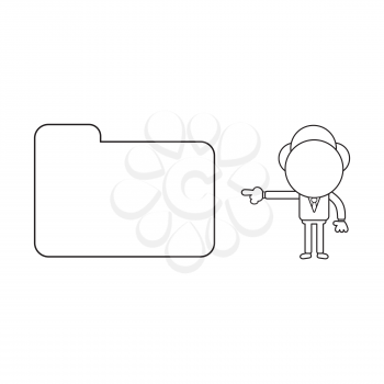 Vector illustration concept of businessman character pointing closed file folder. Black outline.