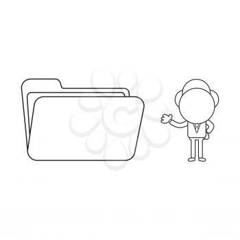 Vector illustration concept of businessman character with opened file folder. Black outline.