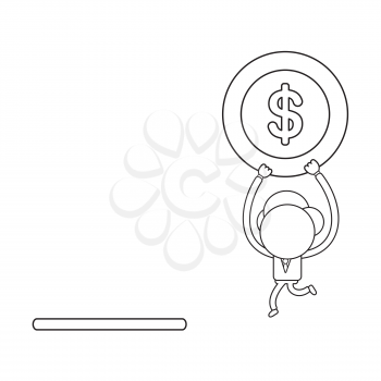 Vector illustration concept of businessman character running and carrying dollar coin to moneybox hole. Black outline.