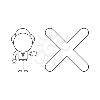 Vector illustration concept of businessman character with x mark and showing stop gesture. Black outline.