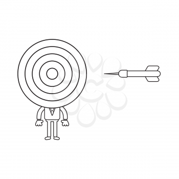 Vector illustration concept of businessman character with bulls eye head and dart. Black outline.
