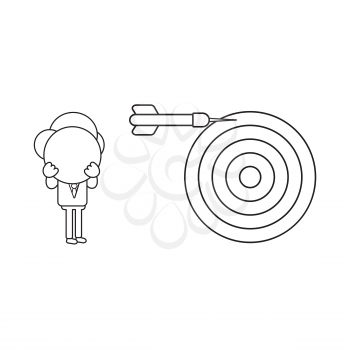 Vector illustration concept of businessman character with bulls eye and dart miss the target. Black outline.