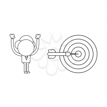 Vector illustration concept of businessman character with bulls eye and dart in the center. Black outline.