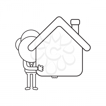 Vector illustration concept of businessman character holding house. Black outline.