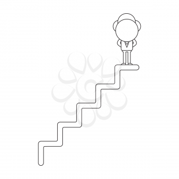 Vector illustration concept of businessman character standing on top of stairs. Black outline.