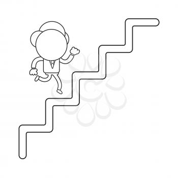 Vector illustration concept of businessman character running on stairs. Black outline.