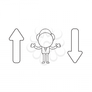 Vector illustration concept of businessman character between arrows moving up and down. Black outline.