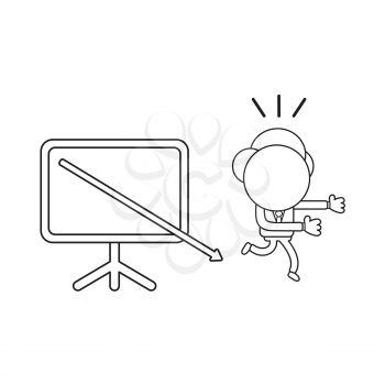 Vector illustration concept of businessman character running away from sales chart arrow moving down. Black outline.