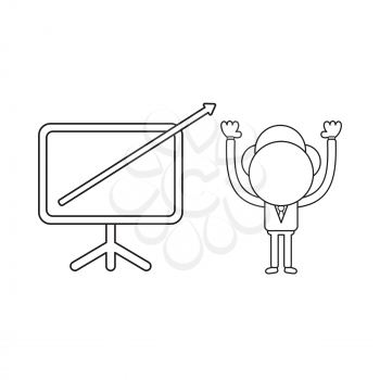 Vector illustration concept of businessman character with sales chart arrow moving up and out of chart. Black outline.
