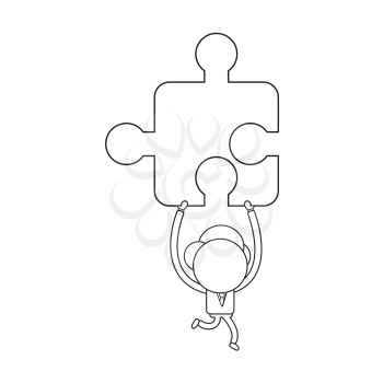 Vector illustration concept of businessman character running and carrying missing jigsaw puzzle piece. Black outline.