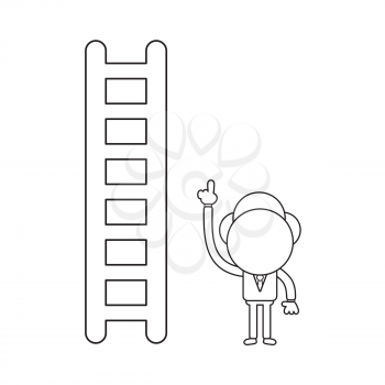 Vector illustration concept of businessman character with wooden ladder and pointing up. Black outline.