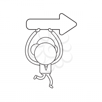 Vector illustration concept of businessman character running and holding up arrow pointing right. Black outline.