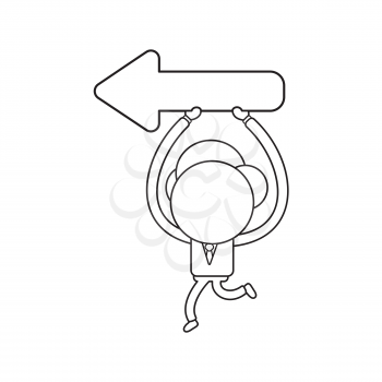 Vector illustration concept of businessman character running and holding up arrow pointing left. Black outline.