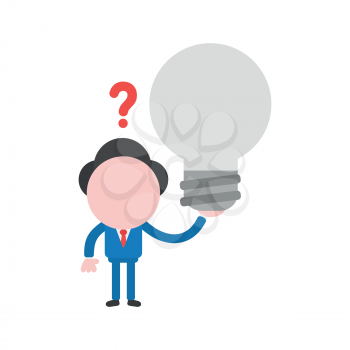 Vector cartoon illustration concept of confused faceless businessman mascot character holding grey light bulb symbol icon with red question mark.