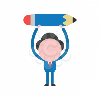 Vector cartoon illustration concept of faceless businessman mascot character holding up blue pencil symbol icon.