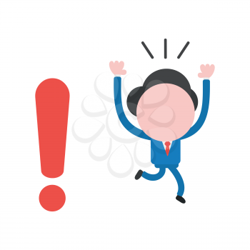 Vector cartoon illustration concept of worried faceless businessman mascot character running away from red exclamation mark symbol icon.