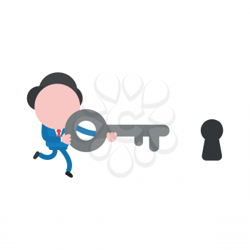 Vector cartoon illustration concept of running faceless businessman mascot character carrying grey key symbol icon to black keyhole.