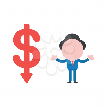 Vector cartoon illustration concept of faceless businessman mascot character and red dollar money symbol icon with arrow moving down.